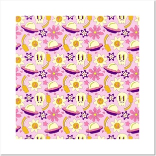 Pink Y2K Rainbow Cloud Flower Emoji Repeating Pattern Posters and Art